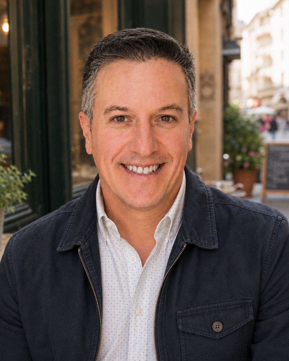 Mike Leslie, founder of Streamline Travels, at a café table in Europe